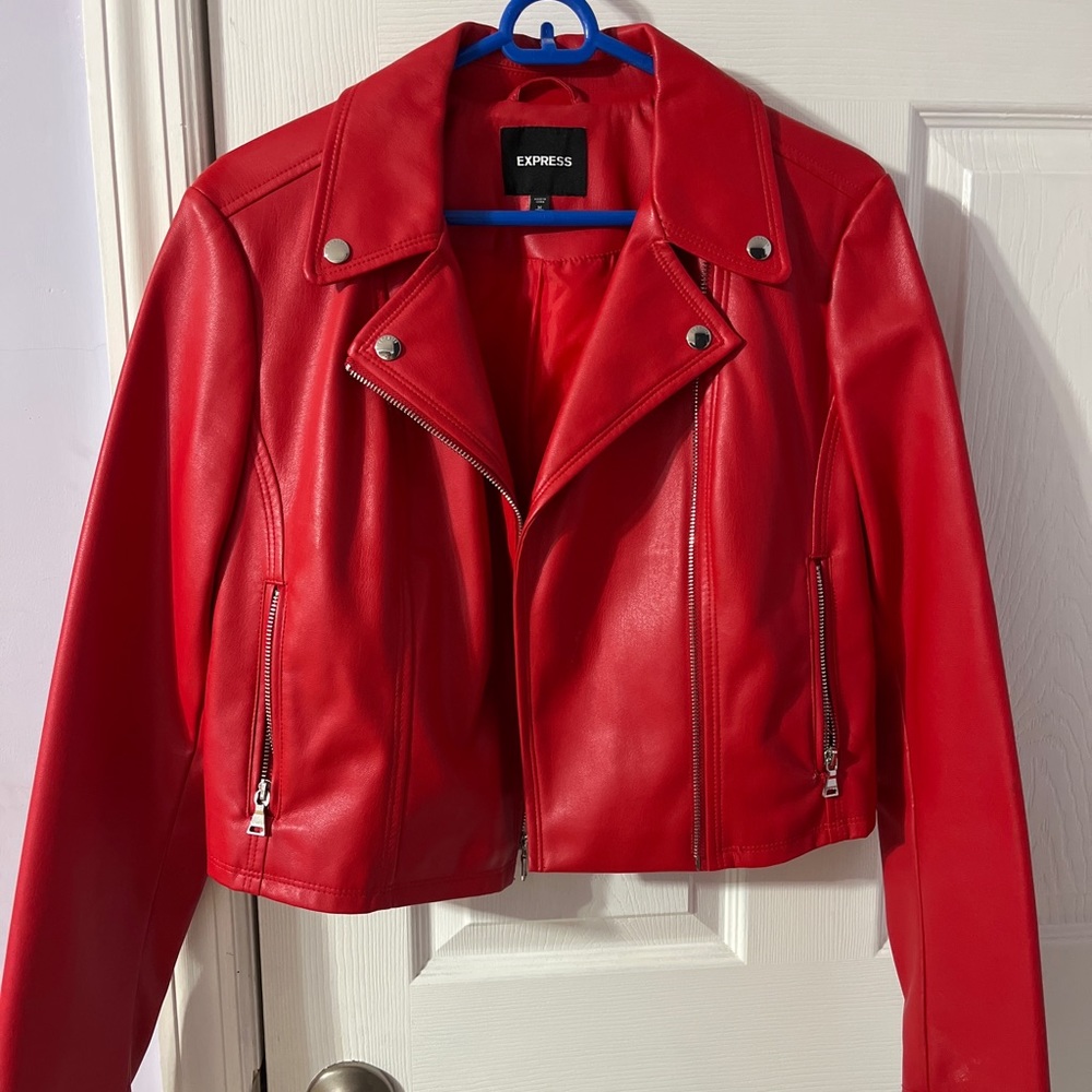 express cropped leather jacket, bold red color, size medium